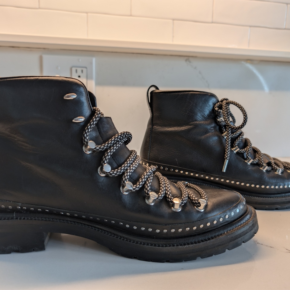 rag & bone Black Leather Lug-Sole Combat Boots with Stud Trim - Picture 4 of 8